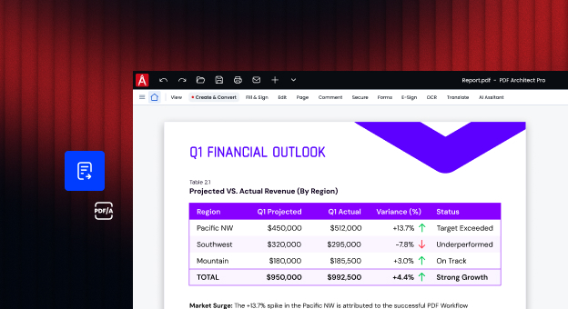Q1 financial outlook report in PDF Architect, with a regional revenue table, a conversion icon and a PDF/A icon.
