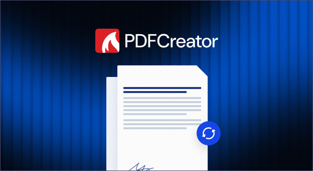 PDFCreator logo and name above a document with a conversion icon, its signature cropped at the bottom edge.