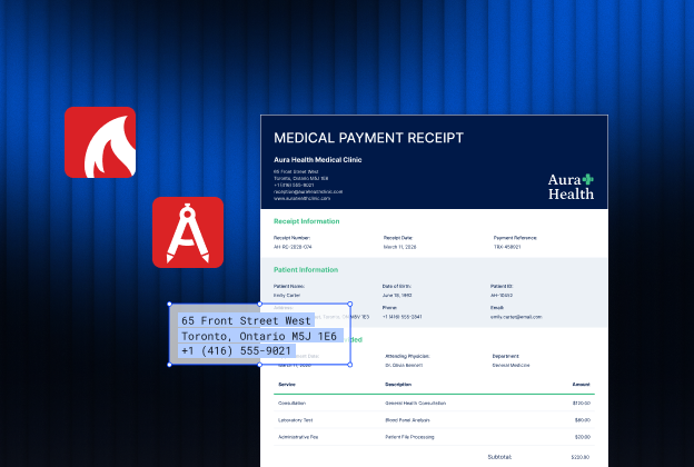 PDFCreator and PDF Architect logos beside an Aura Health medical payment receipt with its Toronto address selected.