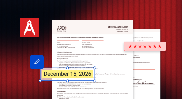 PDF Architect logo beside an Apex service agreement with a highlighted December 15, 2026 date and a masked password field.