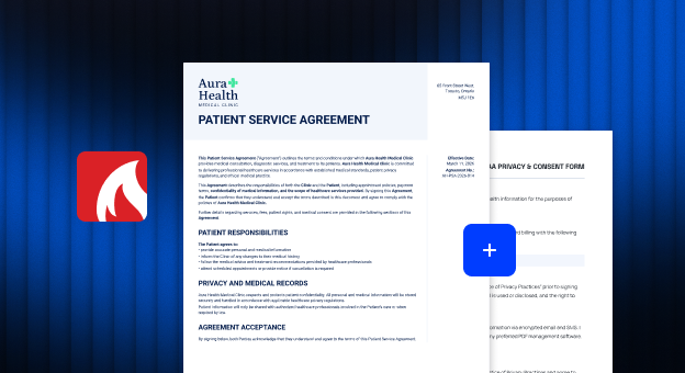 PDFCreator logo beside an Aura Health patient service agreement, a privacy and consent form behind it and a plus icon.