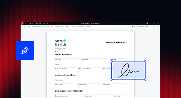 Aura Health patient intake form open in PDF Architect, an e-signature being placed on it, beside a pen icon on dark red.