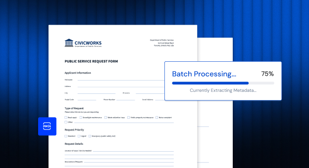CivicWorks public service request forms in batch processing at 75%, extracting metadata, beside a PDF/A icon on dark blue.