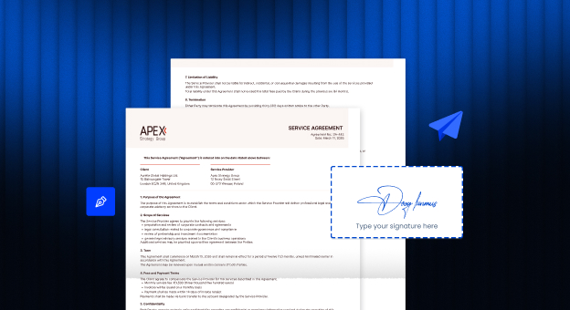 Apex service agreement with a "Type your signature here" box, a pen icon and a paper plane send icon, on dark blue.