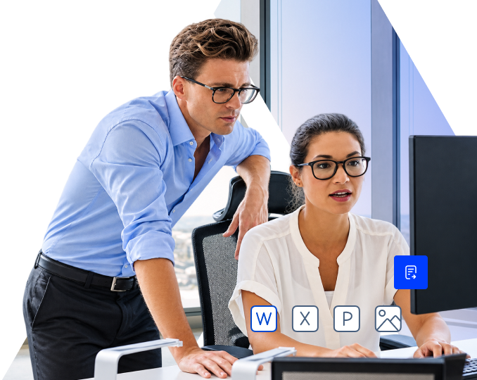 Man leaning over a colleague at her computer, beside a document conversion icon and Word, Excel, PowerPoint and image icons.