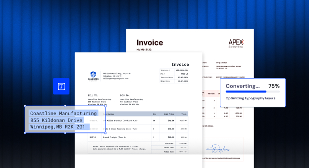 Vanguard invoice in front of an Apex invoice, converting at 75%, with its Coastline Manufacturing bill-to address selected.