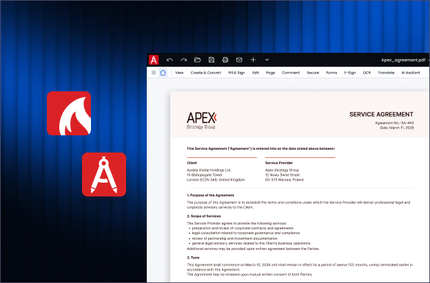 PDFCreator and PDF Architect logos beside an Apex Strategy Group service agreement open in PDF Architect.