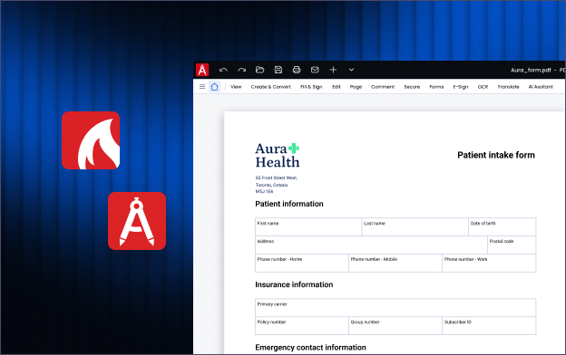 PDFCreator and PDF Architect logos beside an Aura Health patient intake form open in PDF Architect.