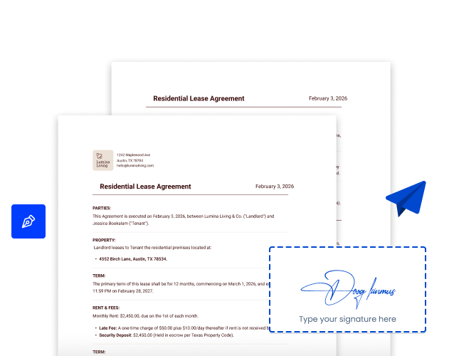 Lumina Living residential lease agreement with a "Type your signature here" box, a pen icon and a paper plane send icon.