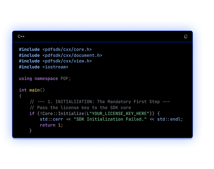 C++ code sample including the PDF SDK headers and initializing the SDK core with a license key.
