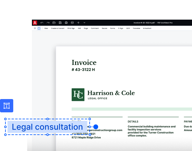 PDF Architect text tool adding a "Legal consultation" text box to a Harrison & Cole legal office invoice.