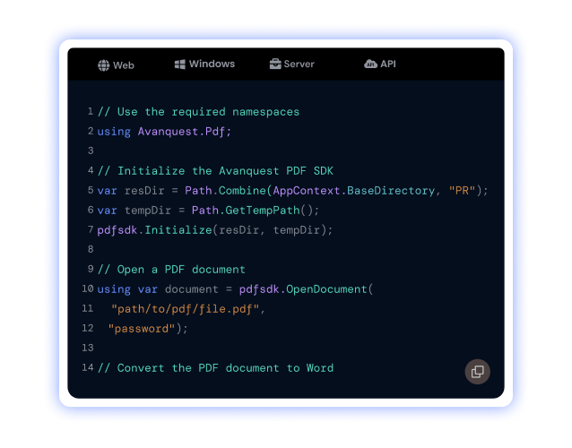 C# code sample initializing the Avanquest PDF SDK to open a PDF document and convert it to Word.