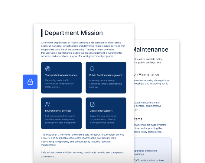 Pages of a municipal public services report showing the department mission, with a padlock icon for document security.