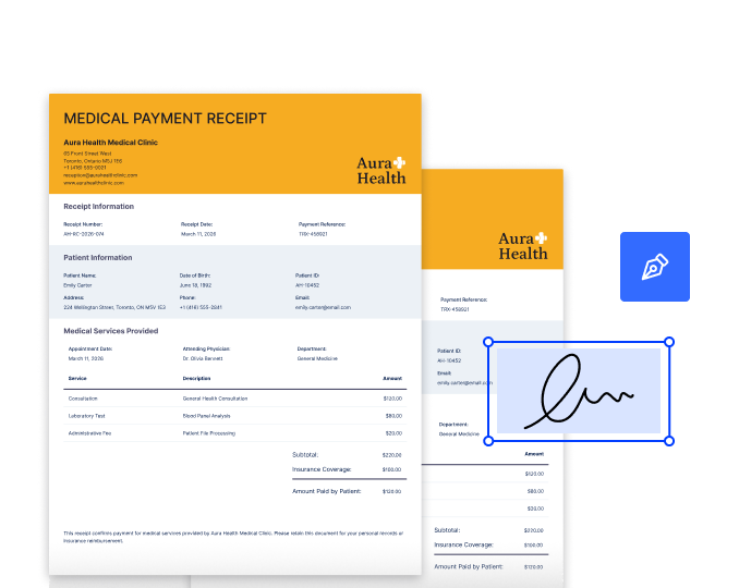 Medical clinic payment receipts, with an e-signature being placed on one of them and a pen icon.