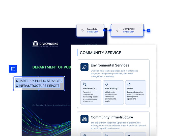 Quarterly public services report with its title selected and a workflow translating then compressing the document.