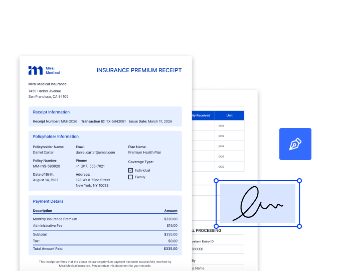 Health insurance premium receipt beside a second document receiving an e-signature, with a pen icon.