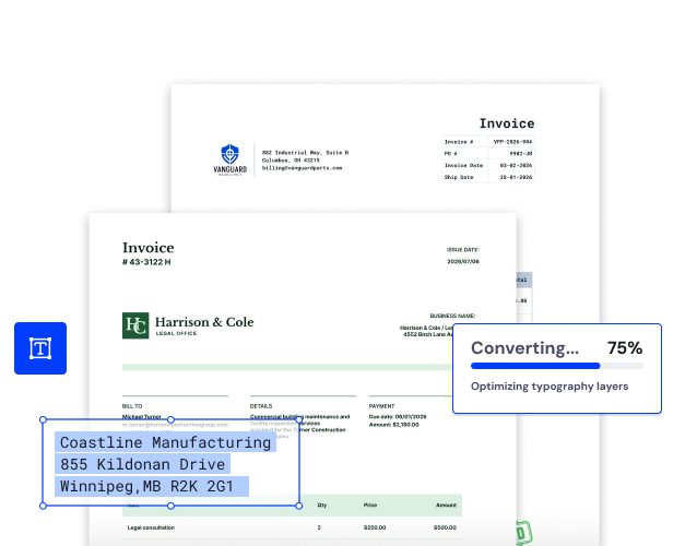 Harrison & Cole and Vanguard invoices converting at 75%, with a Coastline Manufacturing address selected by a text tool.