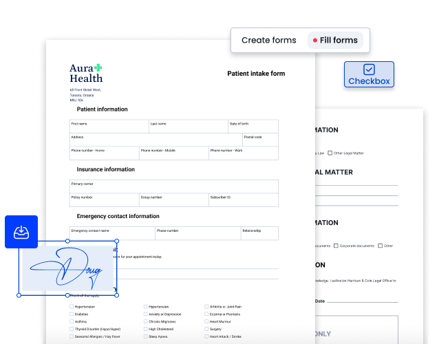 Patient intake form being filled in, with an e-signature added and a legal form behind it.