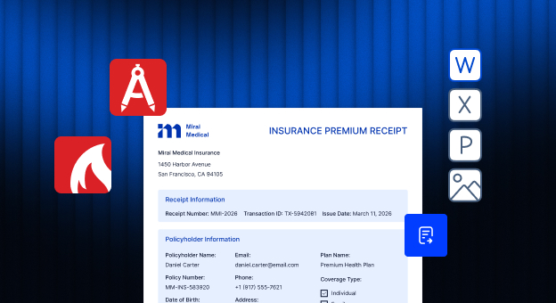 PDF Architect and PDFCreator logos by a Mirai Medical premium receipt, with Word, Excel, PowerPoint and image file icons.