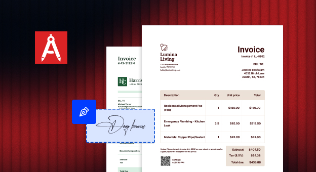 PDF Architect logo beside a Lumina Living invoice in front of a Harrison & Cole invoice, with an e-signature and a pen icon.