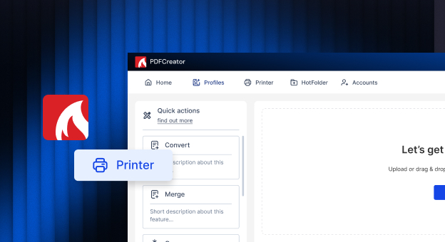 PDFCreator logo beside its app with Profiles, Printer, HotFolder and Accounts tabs, and an enlarged Printer button.