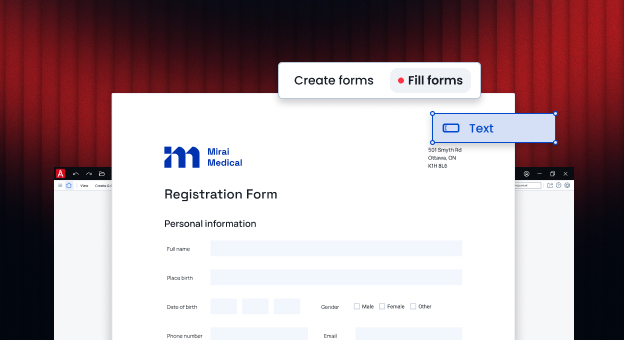 Mirai Medical registration form in PDF Architect, with Fill forms selected over Create forms and a Text field being added.