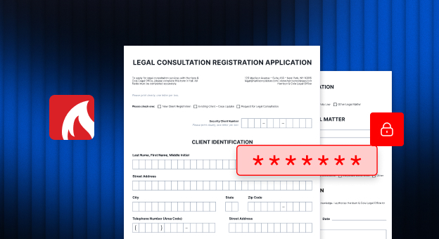 PDFCreator logo beside a legal consultation registration form protected by a padlock and a masked password field.