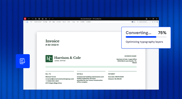 Harrison & Cole invoice in PDF Architect, converting at 75% while optimizing typography layers, beside an OCR icon.