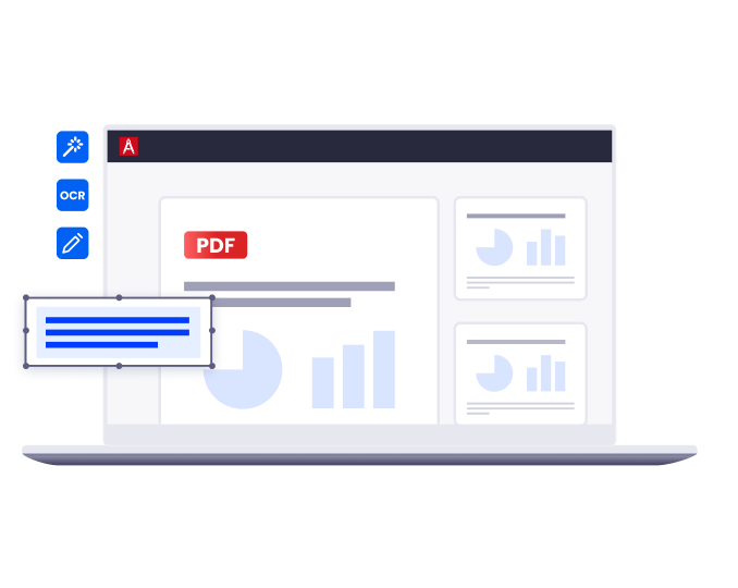 Laptop illustration of PDF Architect editing a PDF with charts, beside magic wand, OCR and pencil tool icons.