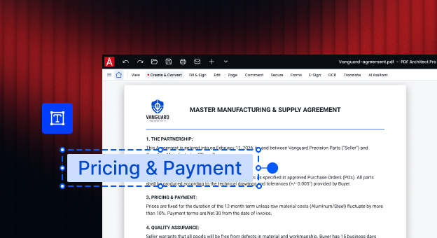 PDF Architect text tool adding a "Pricing & Payment" text box to a Vanguard manufacturing and supply agreement.