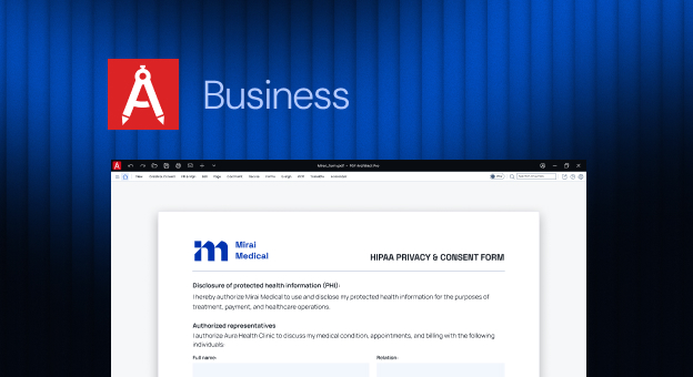 PDF Architect logo with the word "Business" above a Mirai Medical HIPAA privacy and consent form open in the editor.