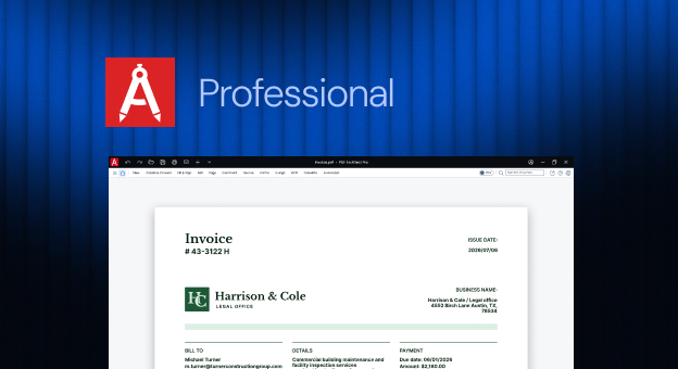 PDF Architect logo with the word "Professional" above Harrison & Cole invoice #43-3122 H open in the editor.