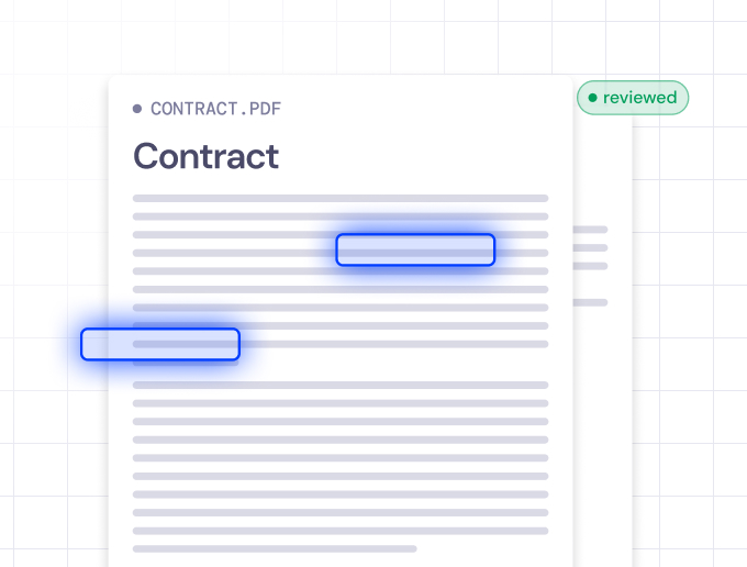 Contract PDF with two highlighted fields and a green reviewed badge.