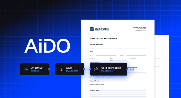 AiDO logo beside a two-page residential lease agreement and a OneDrive trigger node.