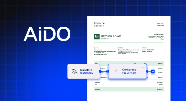 AiDO logo beside a Harrison & Cole invoice with a Translate then Compress workflow.