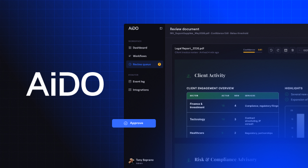 AiDO logo beside its review queue showing a legal report's client activity table, with an Approve button.
