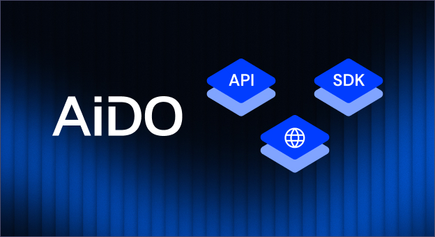 AiDO logo beside three stacked layer icons labeled API, SDK and a globe, on a dark blue background.